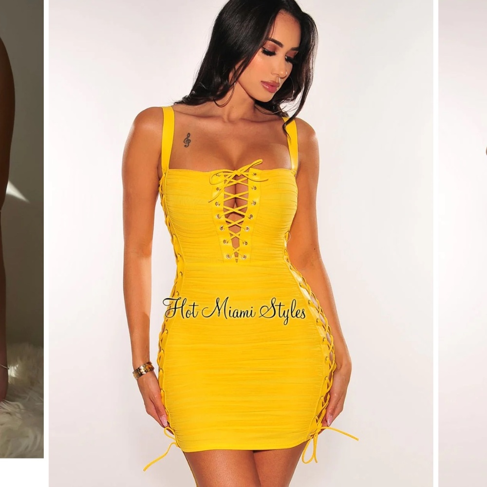 Yellow mini dress ruched, side cut outs